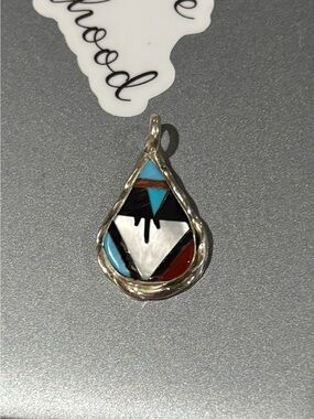 Zuni Sterling Silver Teardrop Inlay Pendant with Turquoise, Red & Black